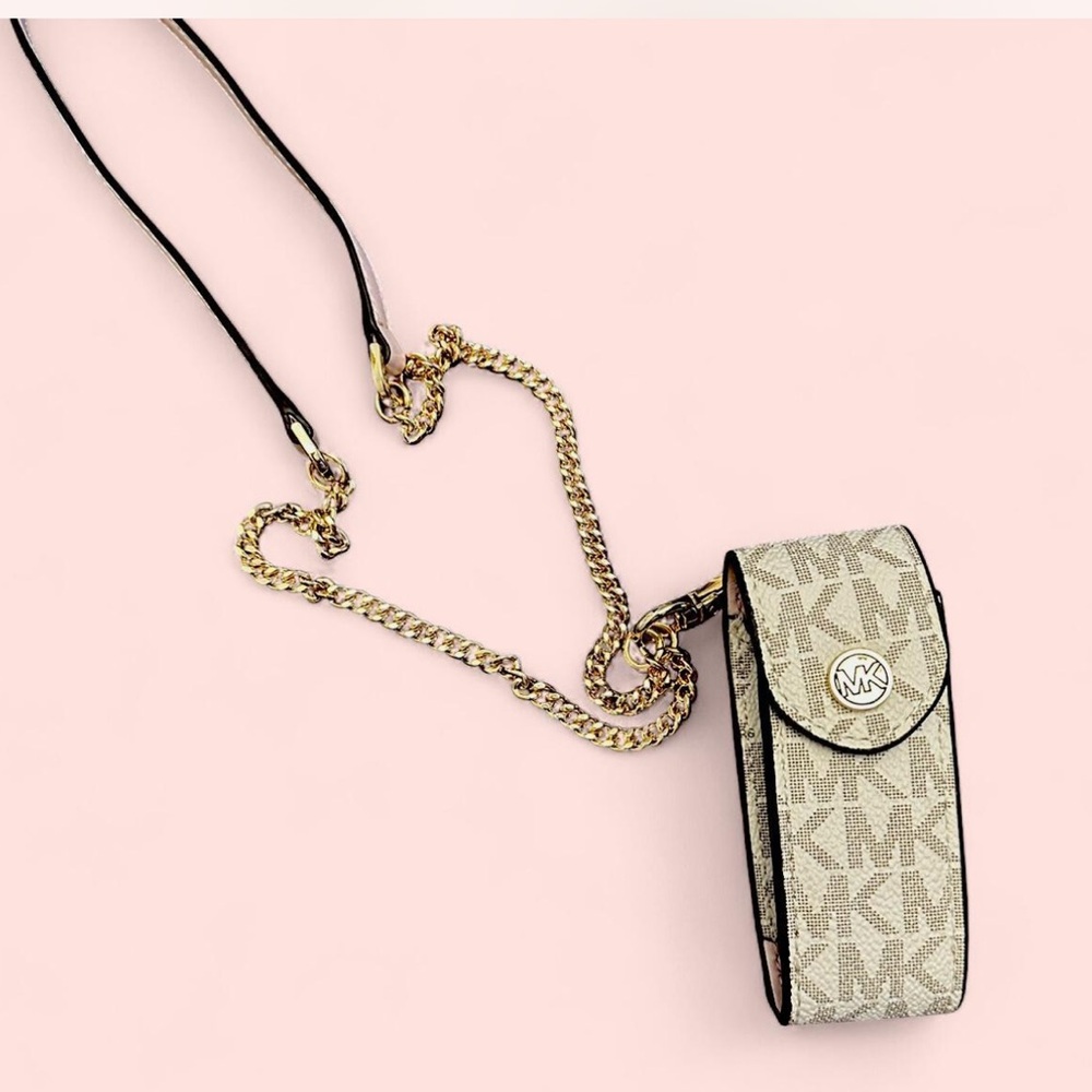 MICHAEL KORS White/Gray/Pink Signature Canvas Print Lipstick Holder Gold Chain